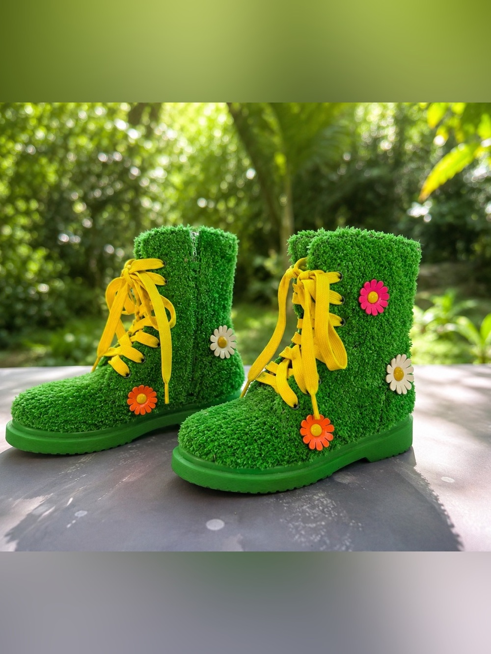 Dolls Kill  Green Grass-Textured Lace-Up Boots with Yellow Laces